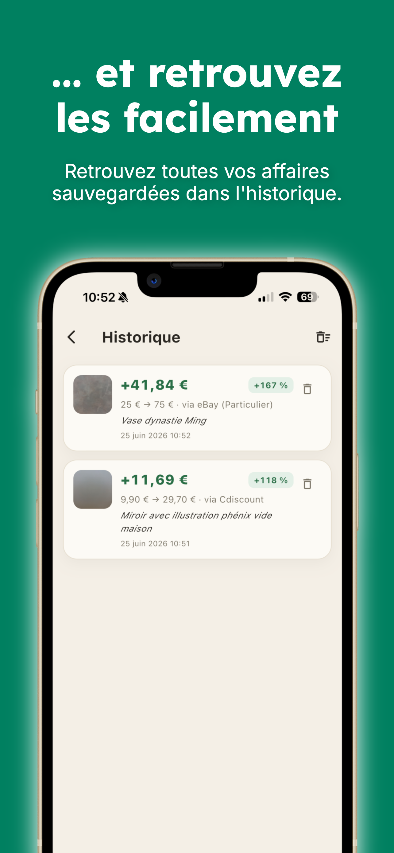 Historique des affaires sauvegardées, avec bénéfice et retour sur investissement.